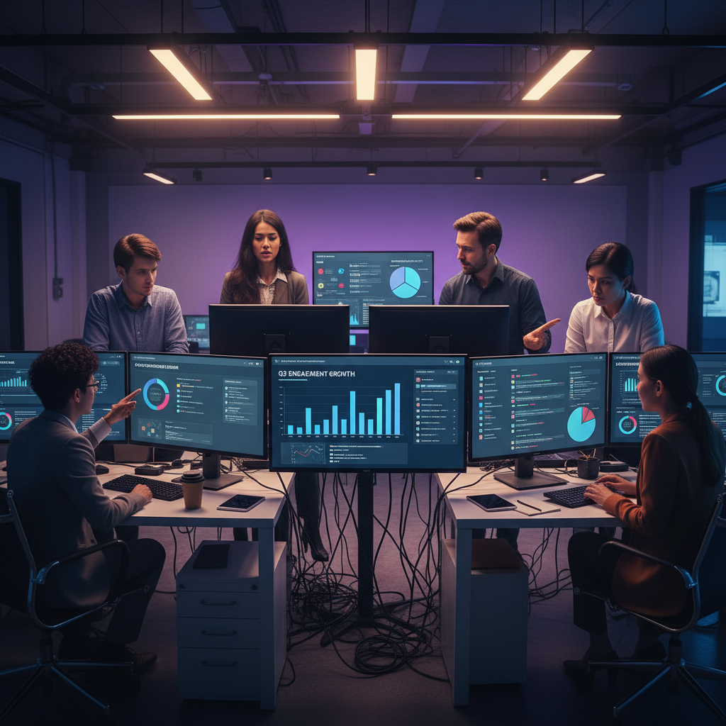 Equipo de marketing digital analizando métricas y gráficos de rendimiento en pantallas múltiples