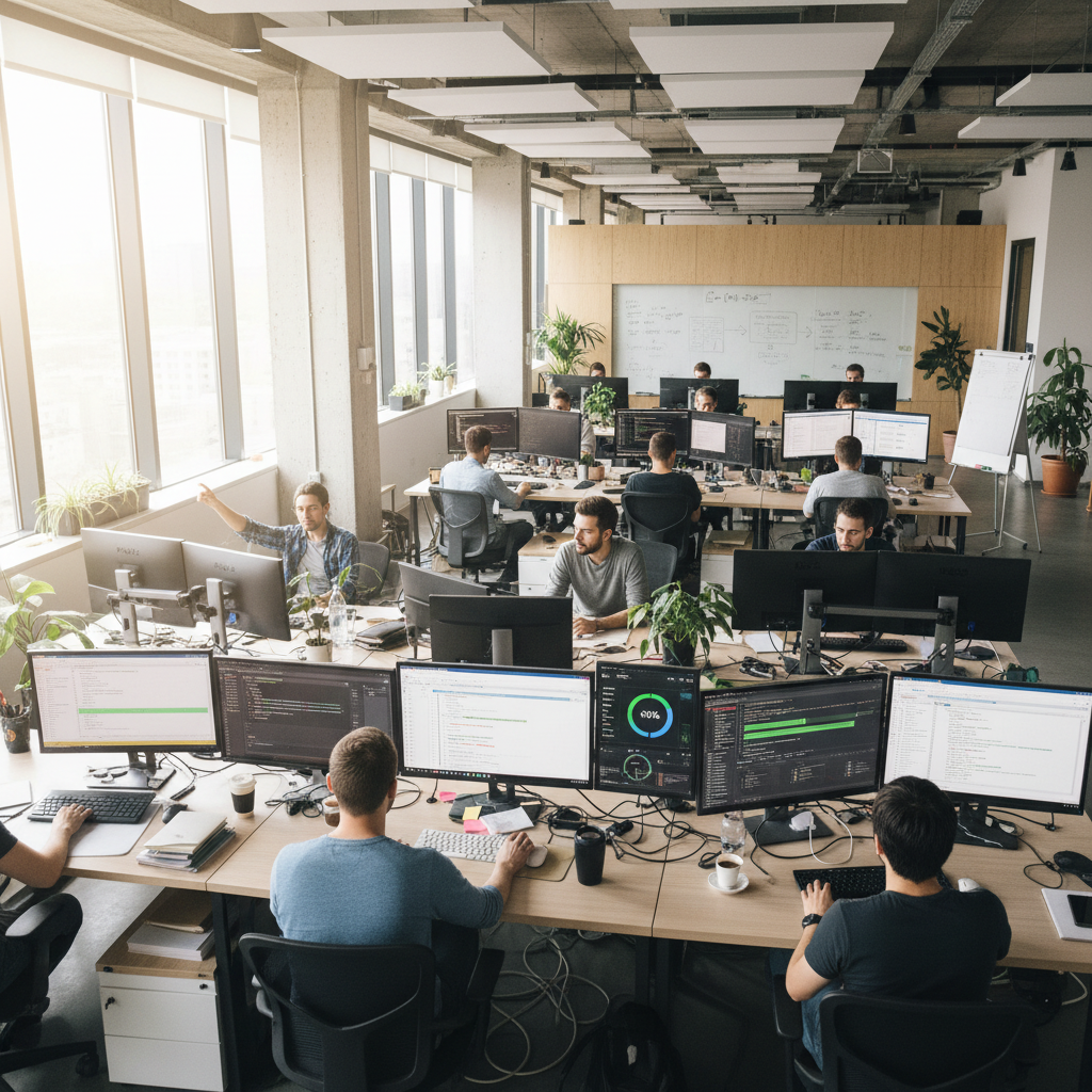 Desarrolladores escribiendo código limpio en pantallas múltiples con arquitectura de software moderna