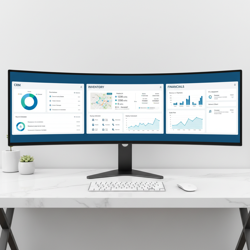 Sistema empresarial integrado mostrando dashboards de ERP y CRM con datos en tiempo real